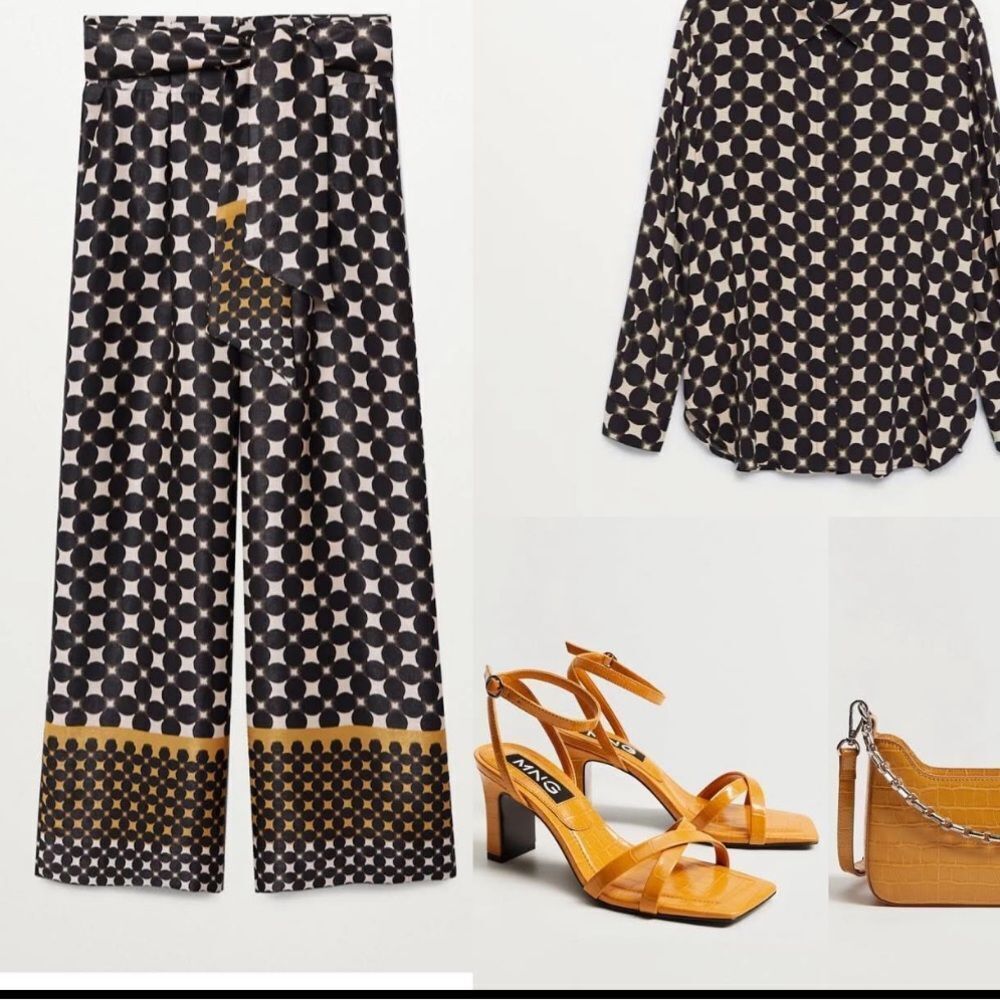 Mango MNG black brown pattern print wide leg back zip pants small s - Picture 2 of 8